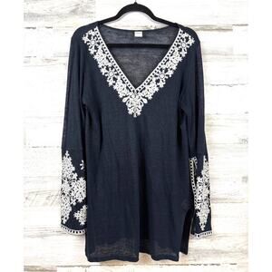 INC Beach Womens L Black White Beaded Linen Cover Up Boho Long Sleeve